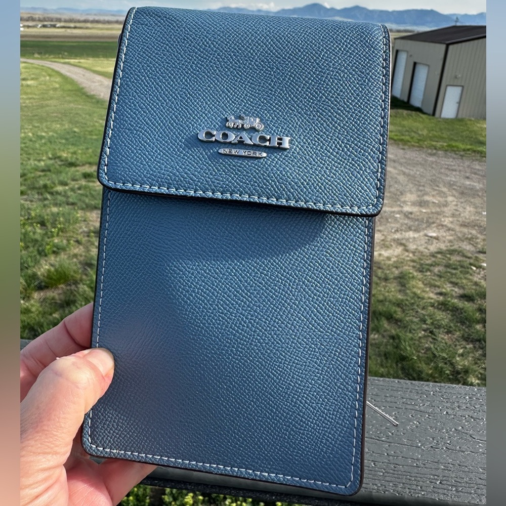 Coach Blue Leather Crossbody Phone Case, with credit card slots and coin pouch.